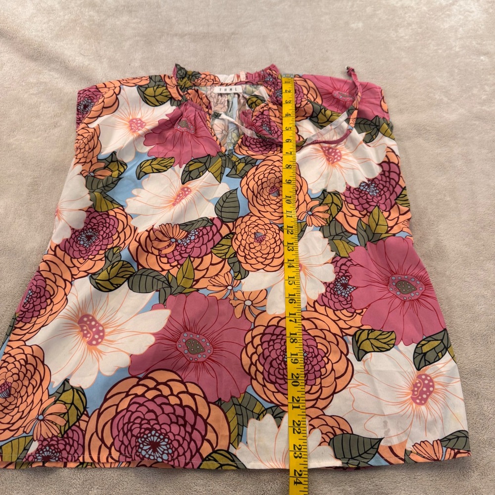 THML Floral Ruffle Neck Boho Coastal Cottagecore Chic Resort Summer Top Sz M - Picture 5 of 9